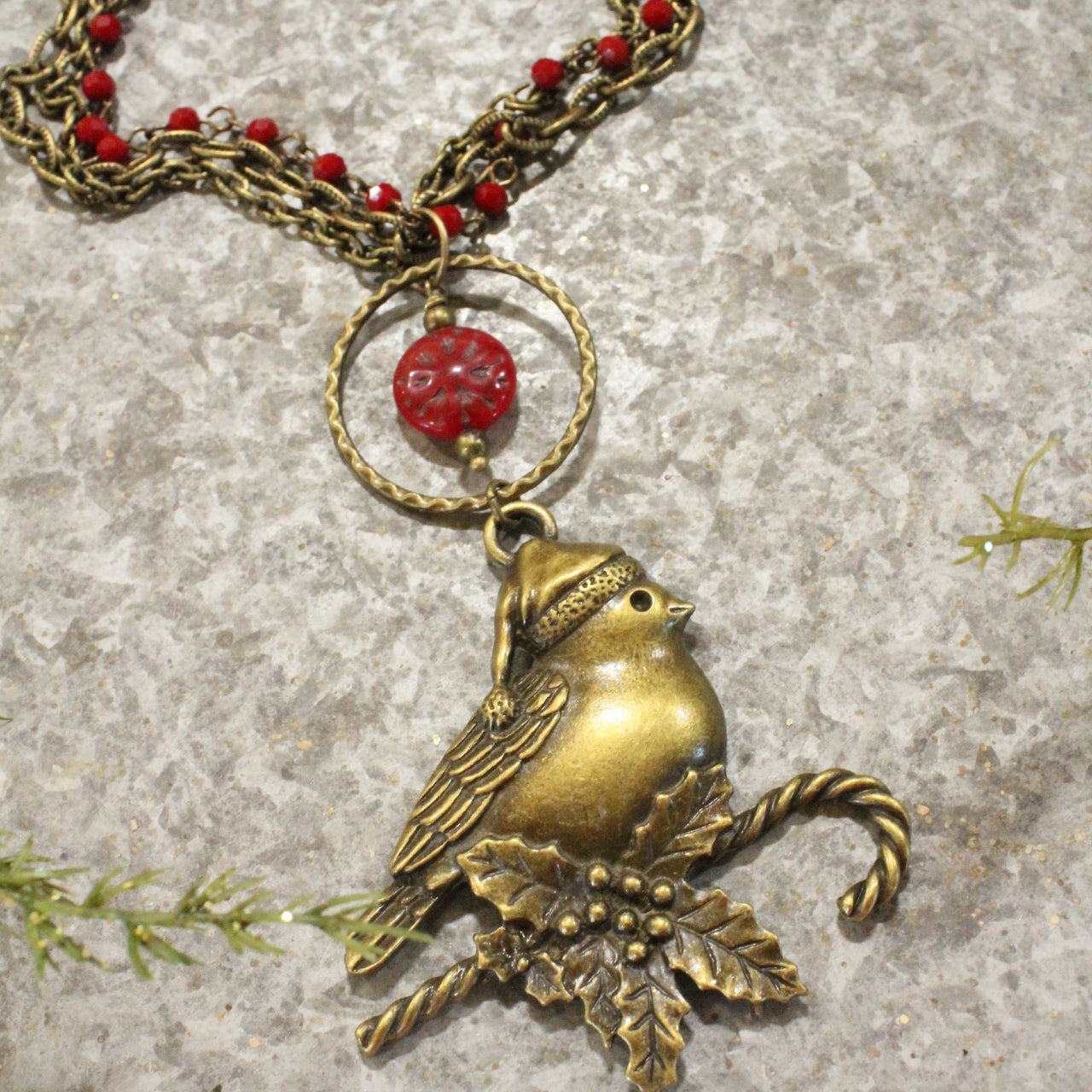 Red Czech Glass & Bronze Cardinal Pendant Drop Necklace