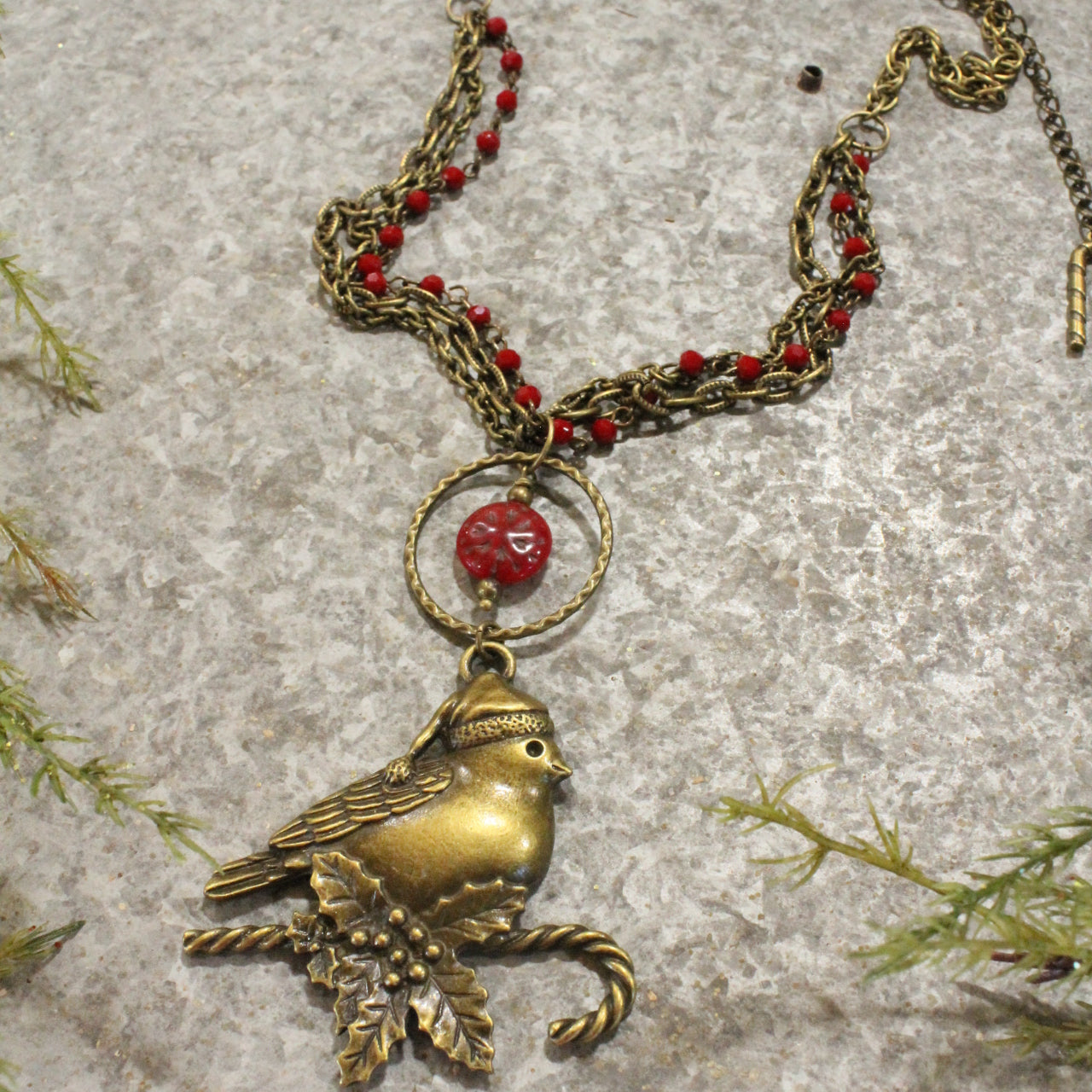 Red Czech Glass & Bronze Cardinal Pendant Drop Necklace