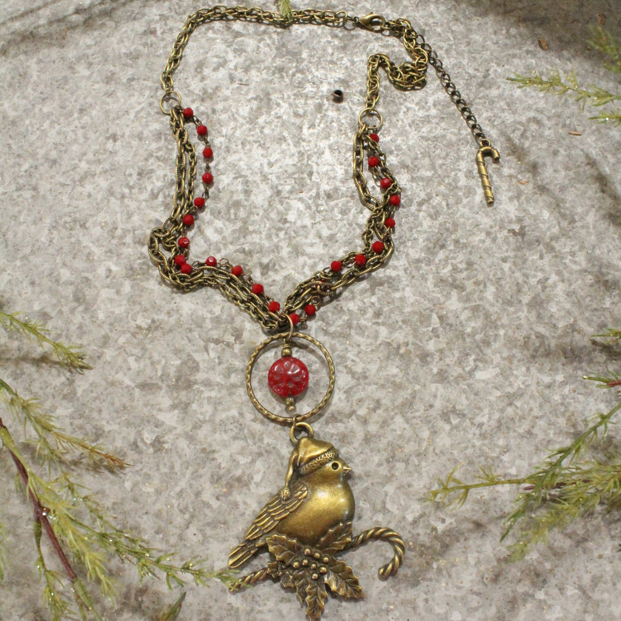 Red Czech Glass & Bronze Cardinal Pendant Drop Necklace