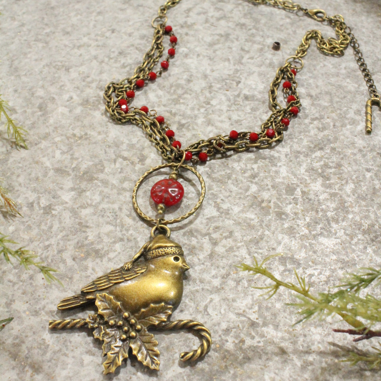 Red Czech Glass & Bronze Cardinal Pendant Drop Necklace