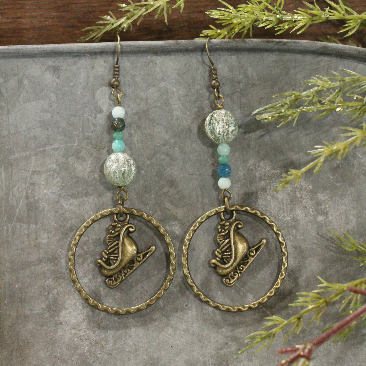 Bronze & Czech Santa's Sleigh Dangle Earrings