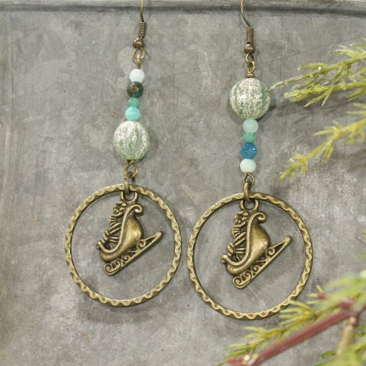 Bronze & Czech Santa's Sleigh Dangle Earrings