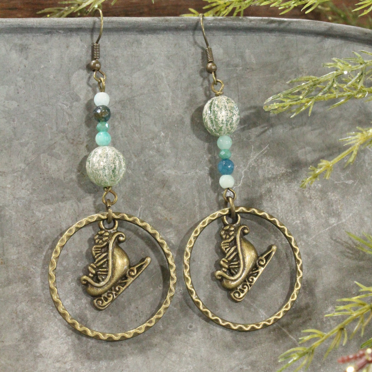 Bronze & Czech Santa's Sleigh Dangle Earrings