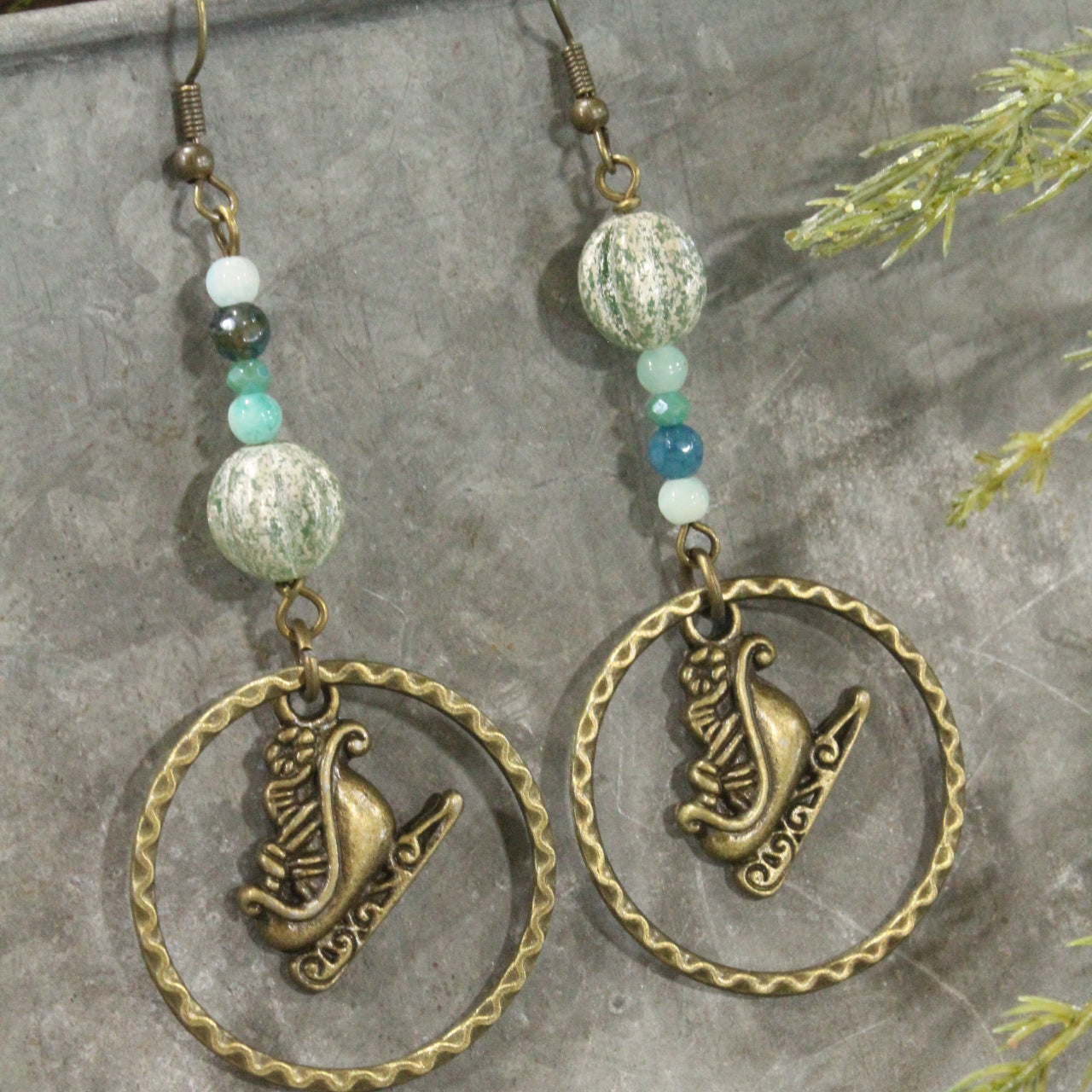 Bronze & Czech Santa's Sleigh Dangle Earrings