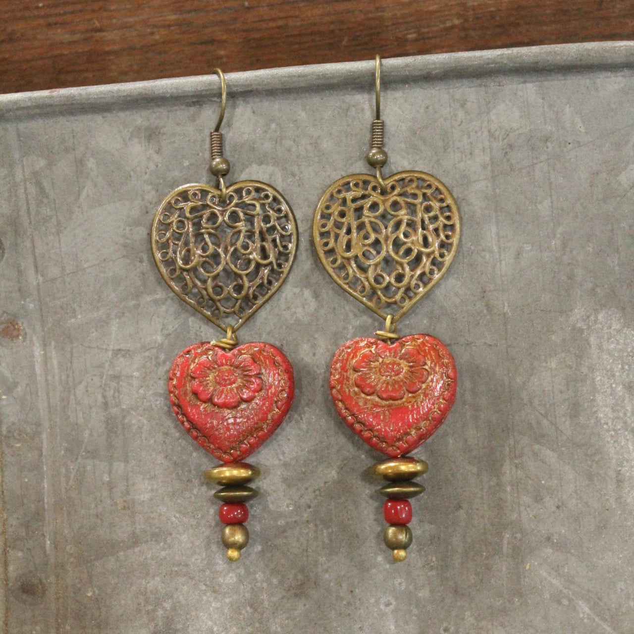 Vintage Bronze Red Czech Glass Double Heart Earrings