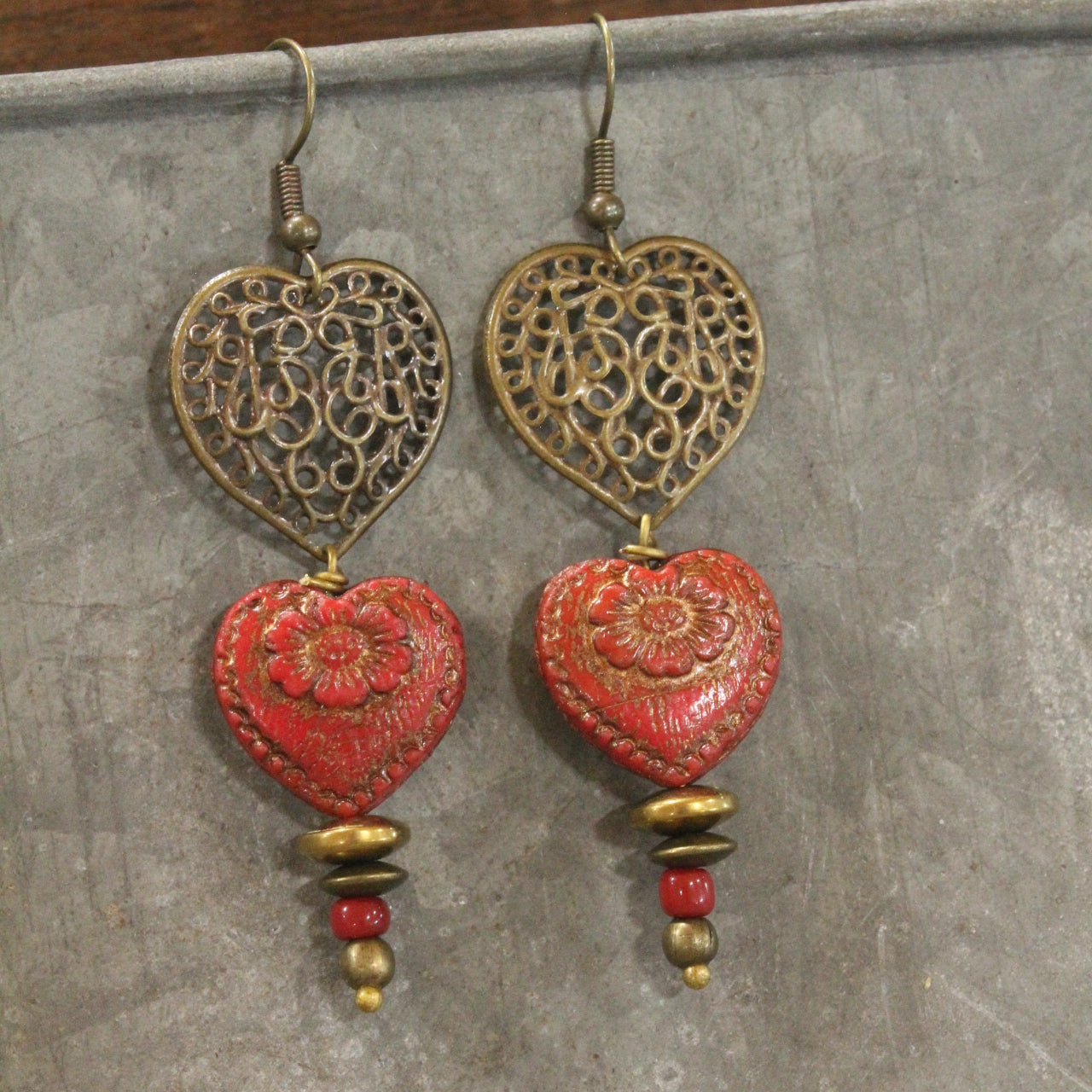 Vintage Bronze Red Czech Glass Double Heart Earrings