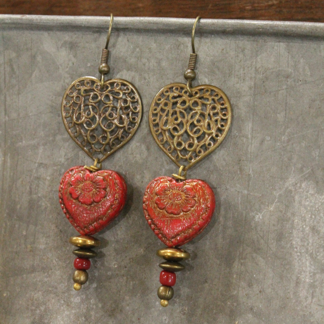 Vintage Bronze Red Czech Glass Double Heart Earrings