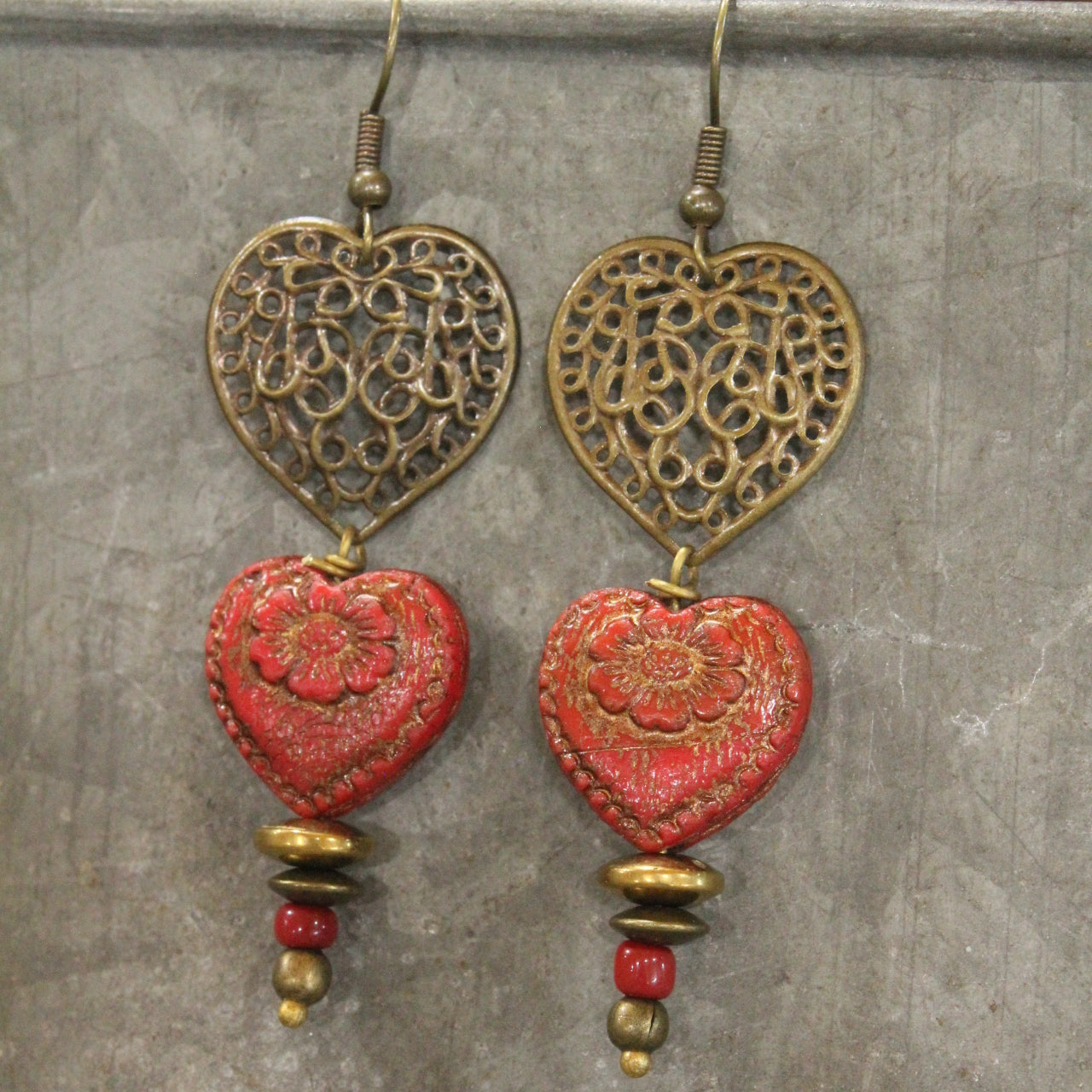 Vintage Bronze Red Czech Glass Double Heart Earrings