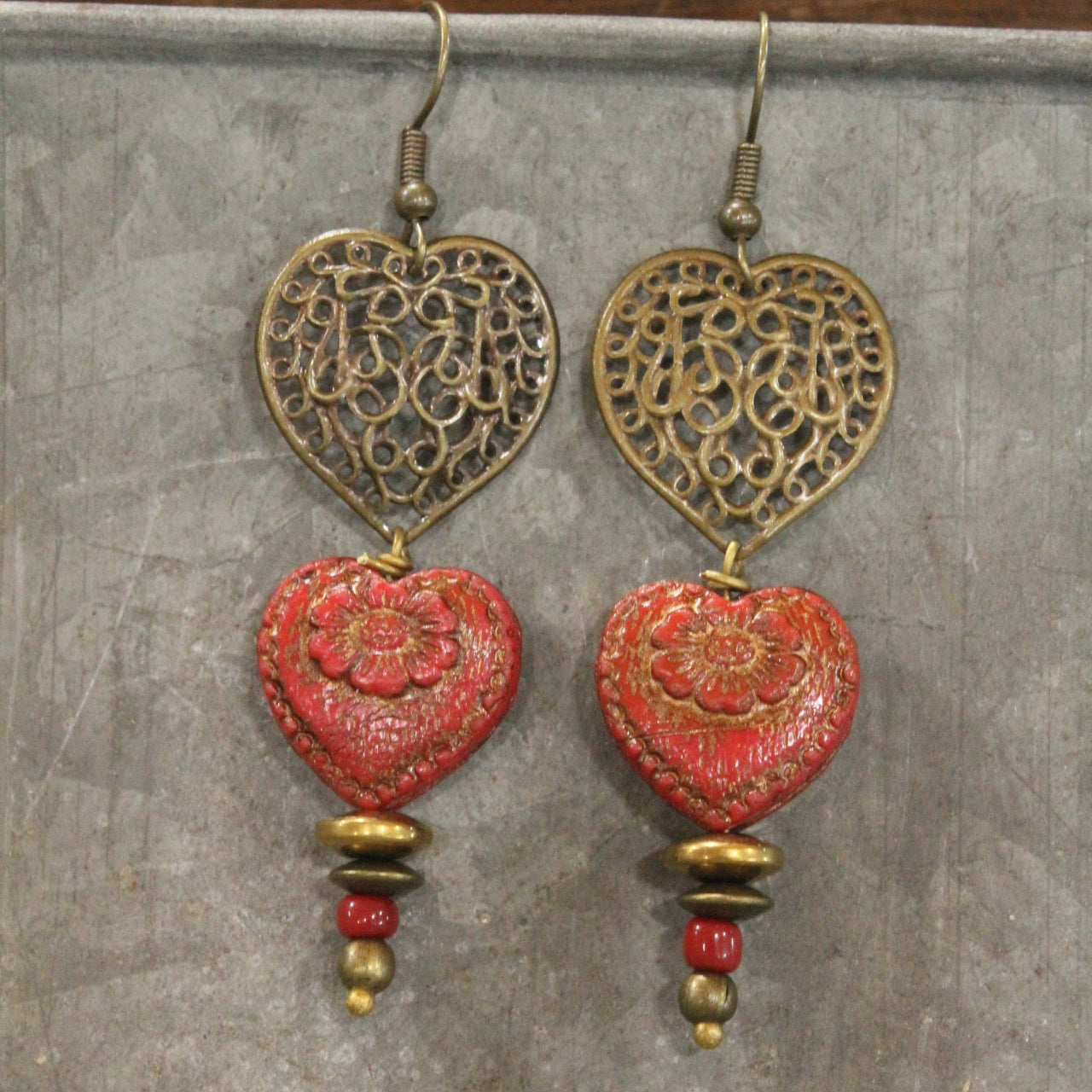 Vintage Bronze Red Czech Glass Double Heart Earrings