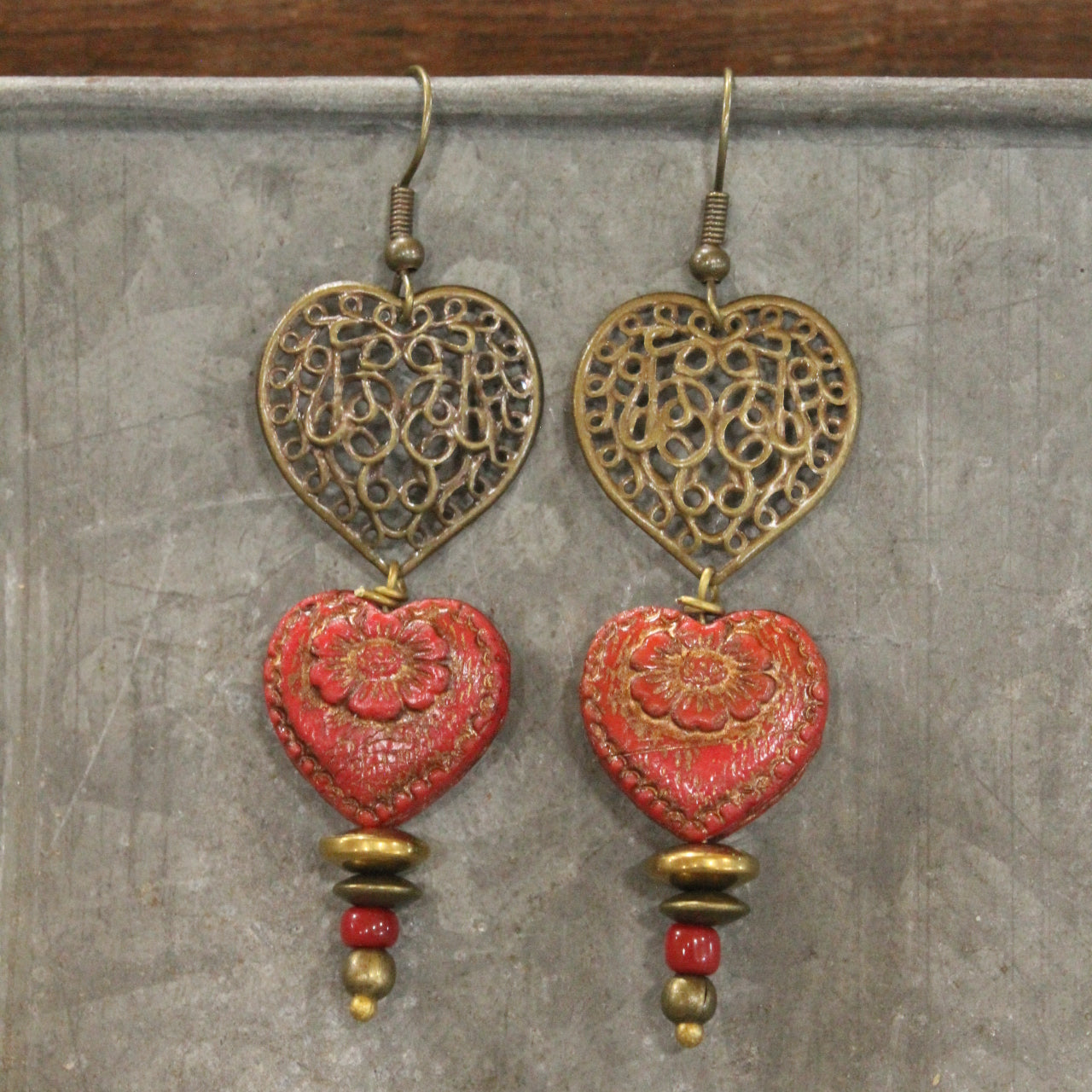 Vintage Bronze Red Czech Glass Double Heart Earrings