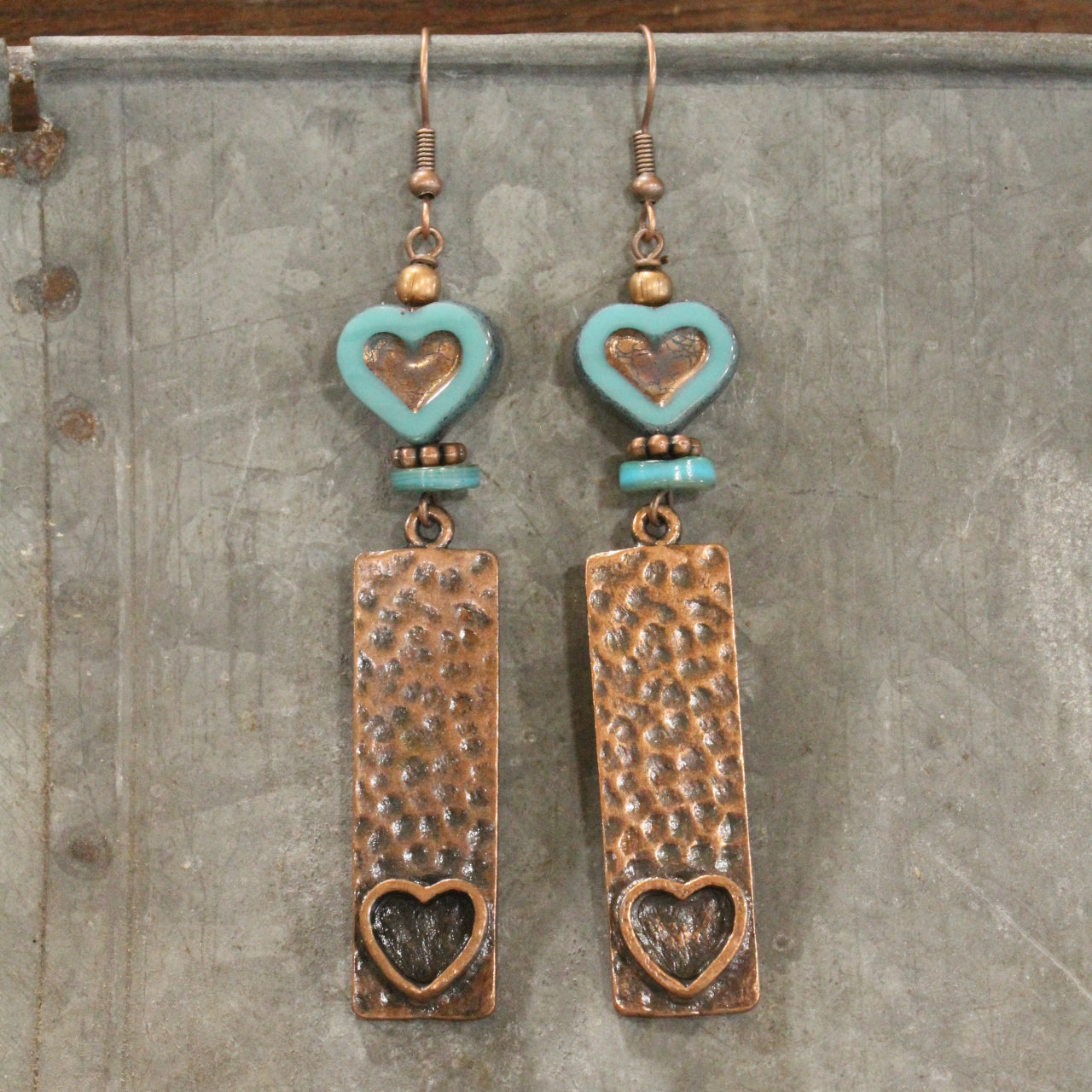 Hammered Copper & Czech Heart Dangle Earrings