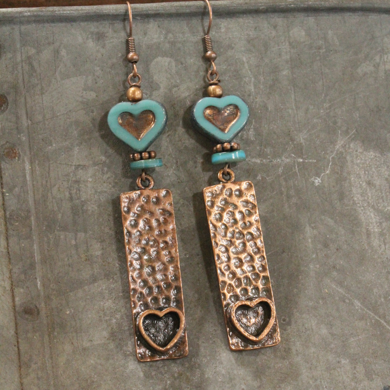 Hammered Copper & Czech Heart Dangle Earrings