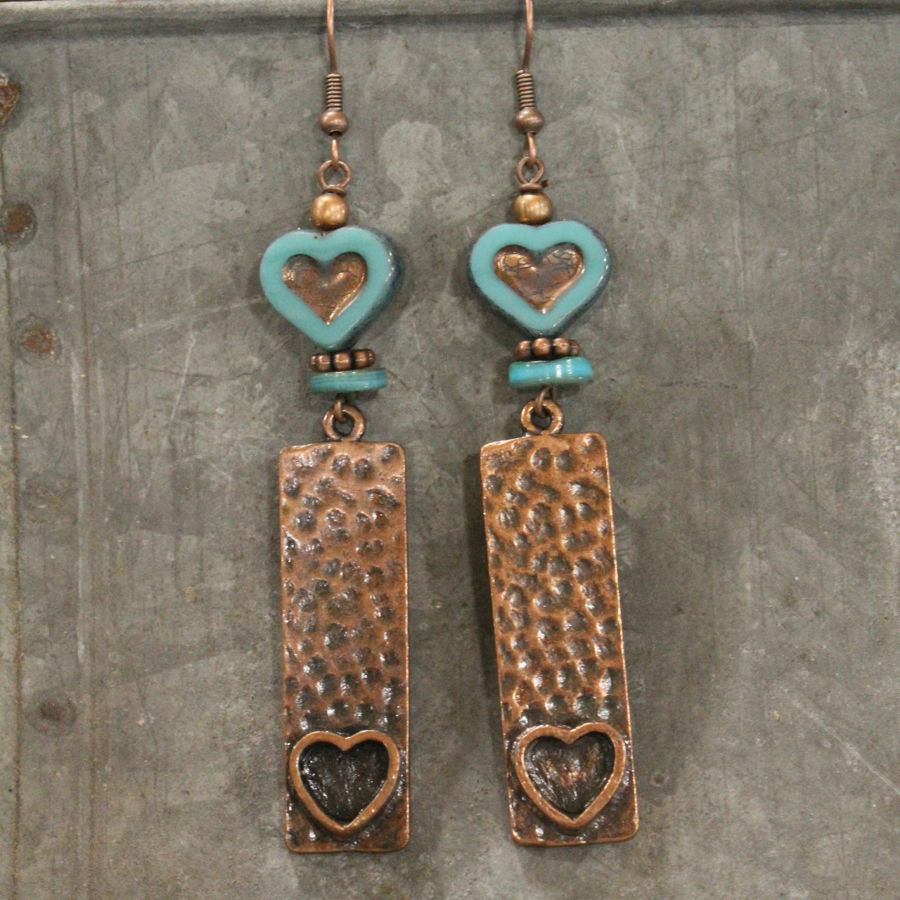 Hammered Copper & Czech Heart Dangle Earrings