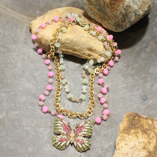 Spread Your Wings Pink Butterfly Layered Necklace