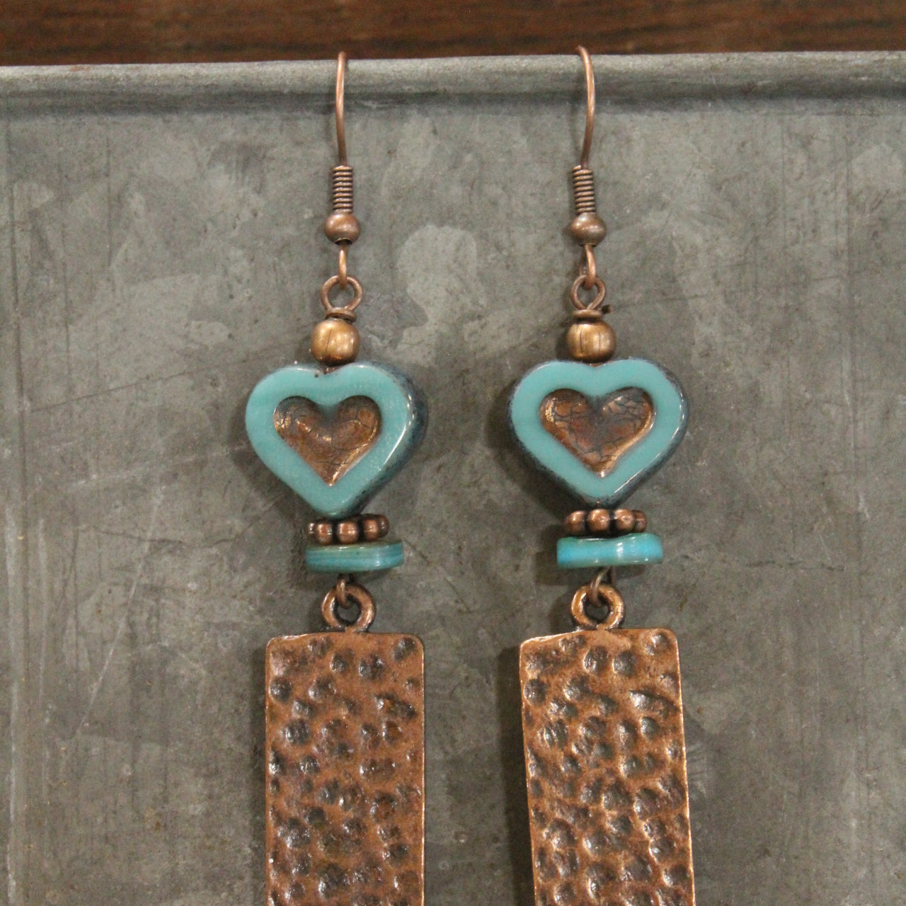 Hammered Copper & Czech Heart Dangle Earrings