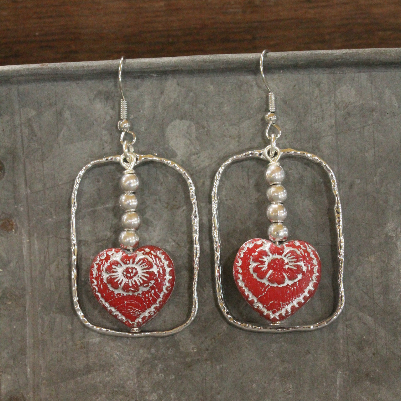 Vintage Red Czech Glass Heart & Hoop Earrings