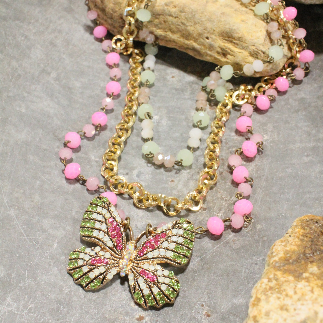 Spread Your Wings Pink Butterfly Layered Necklace