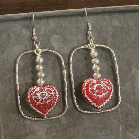 Vintage Red Czech Glass Heart & Hoop Earrings