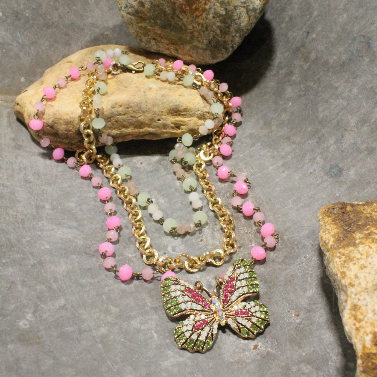 Spread Your Wings Pink Butterfly Layered Necklace