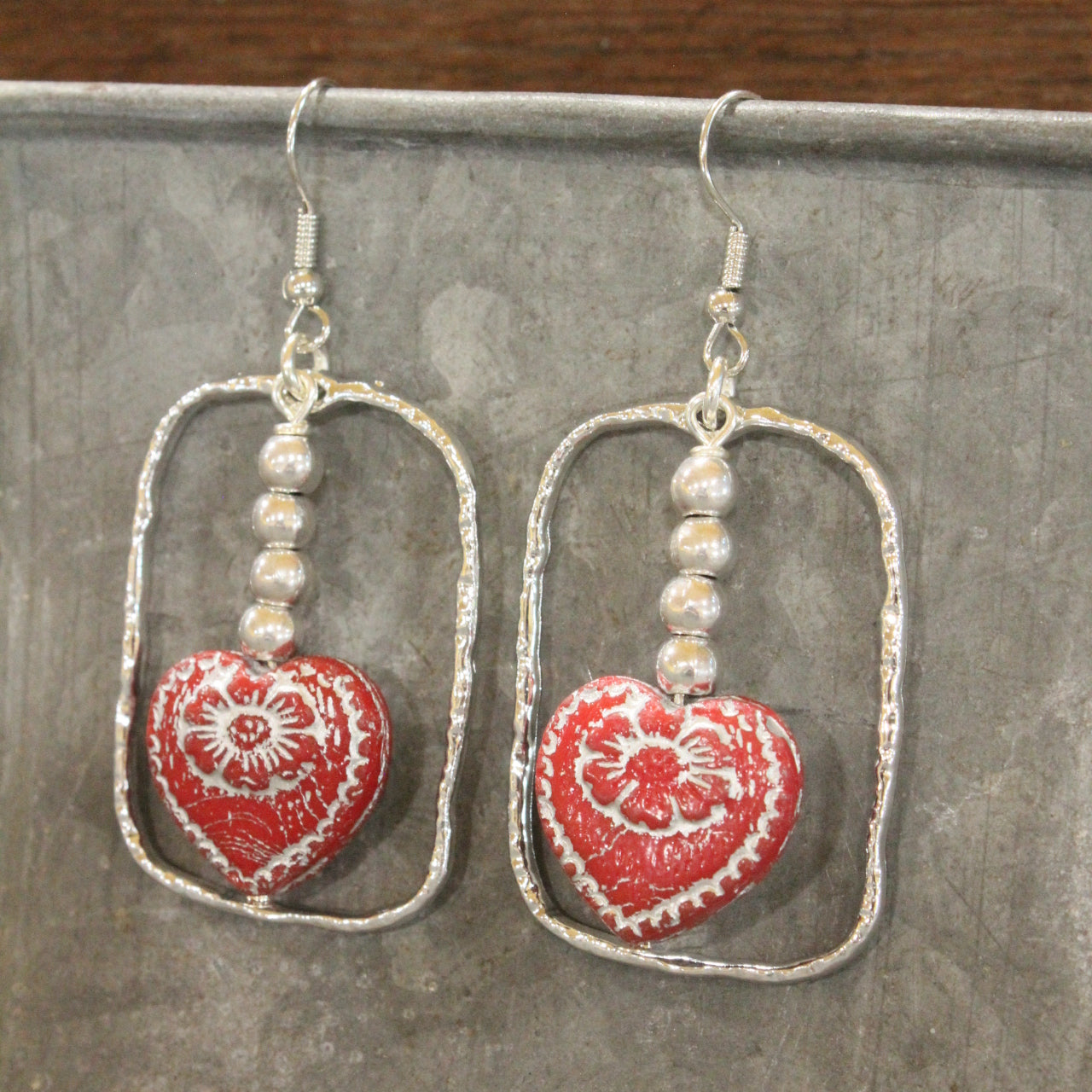 Vintage Red Czech Glass Heart & Hoop Earrings