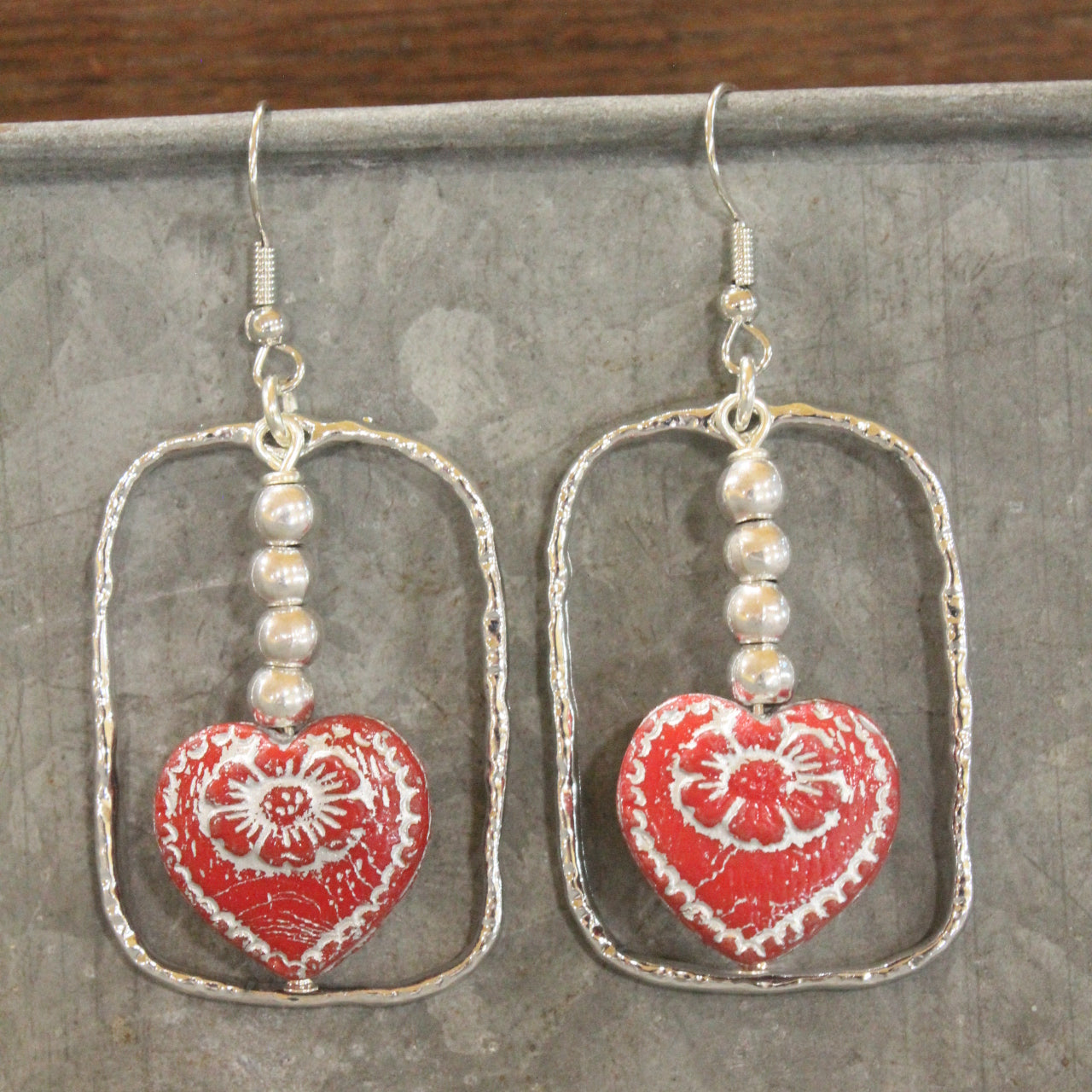 Vintage Red Czech Glass Heart & Hoop Earrings