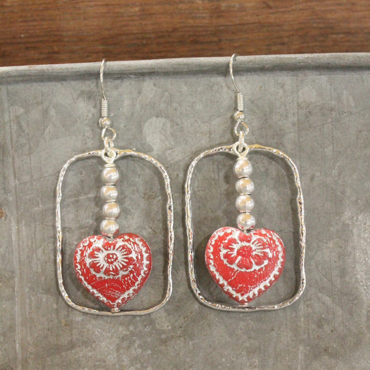 Vintage Red Czech Glass Heart & Hoop Earrings