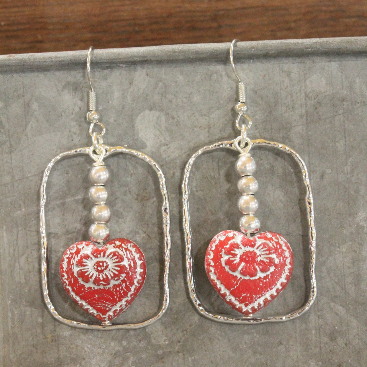 Vintage Red Czech Glass Heart & Hoop Earrings