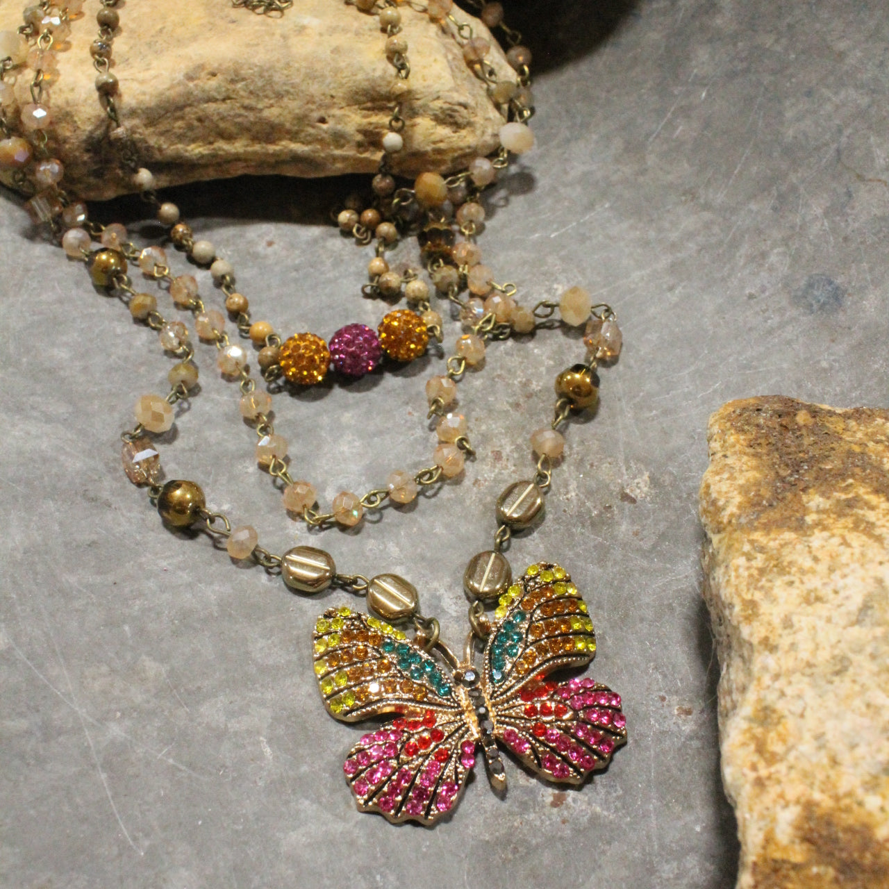 Spread Your Wings Raspberry Butterfly Layered Necklace