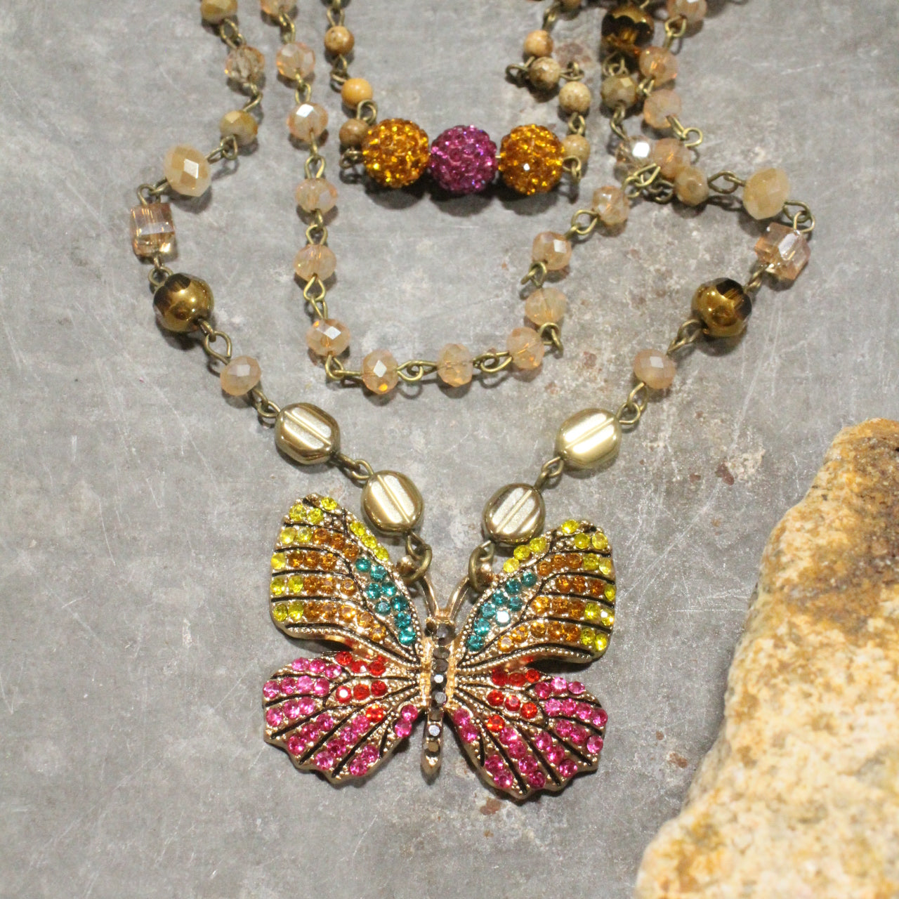 Spread Your Wings Raspberry Butterfly Layered Necklace