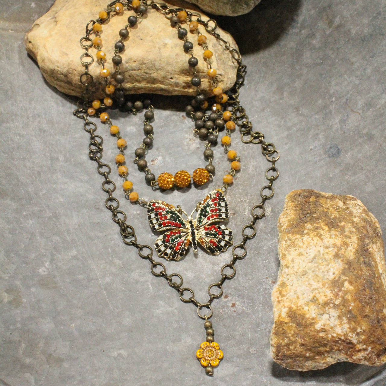 Spread Your Wings Mustard Butterfly Layered Necklace