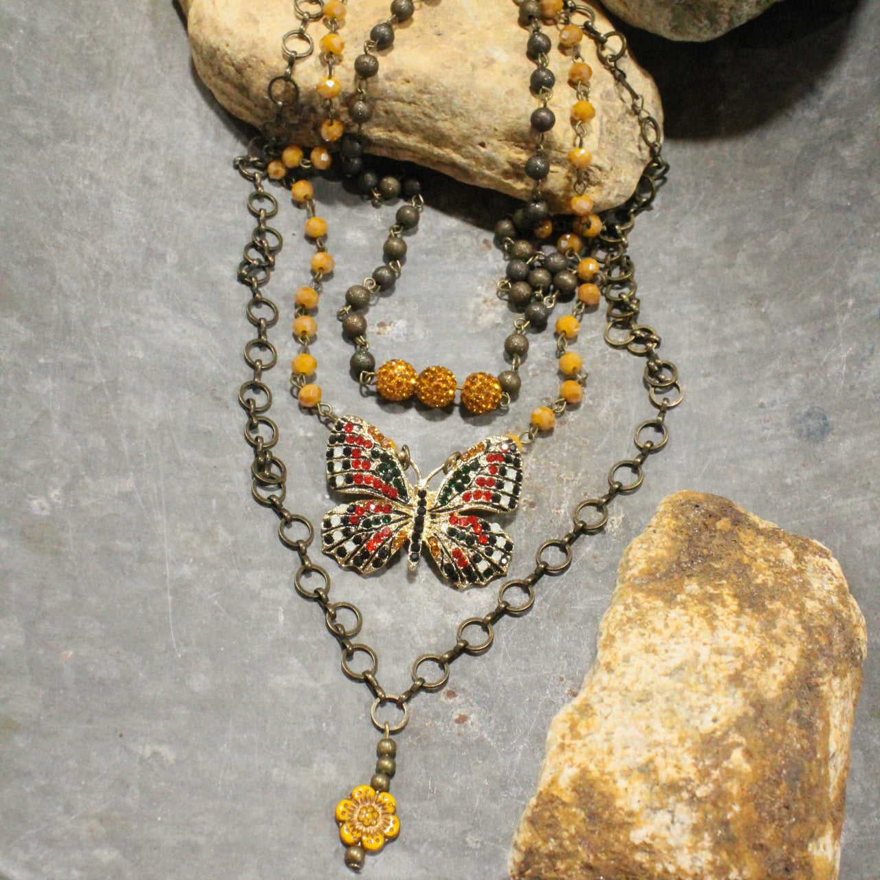 Spread Your Wings Mustard Butterfly Layered Necklace