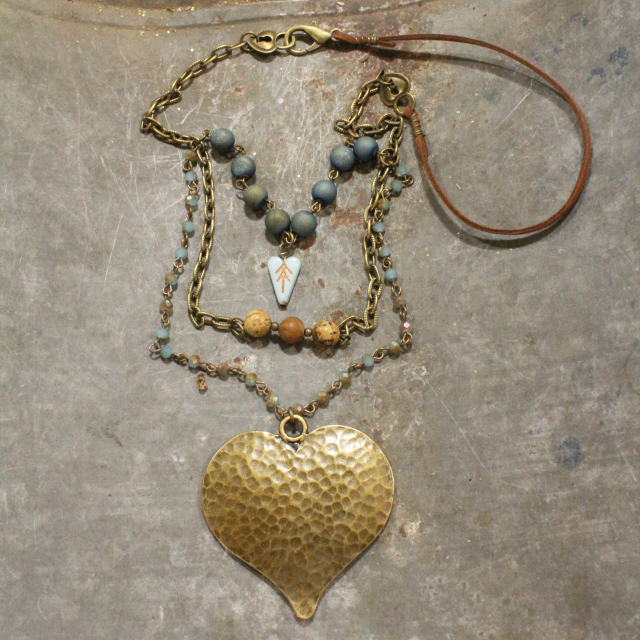 Layers Of Love Hammered Heart & Shades Of Blue Czech Necklace