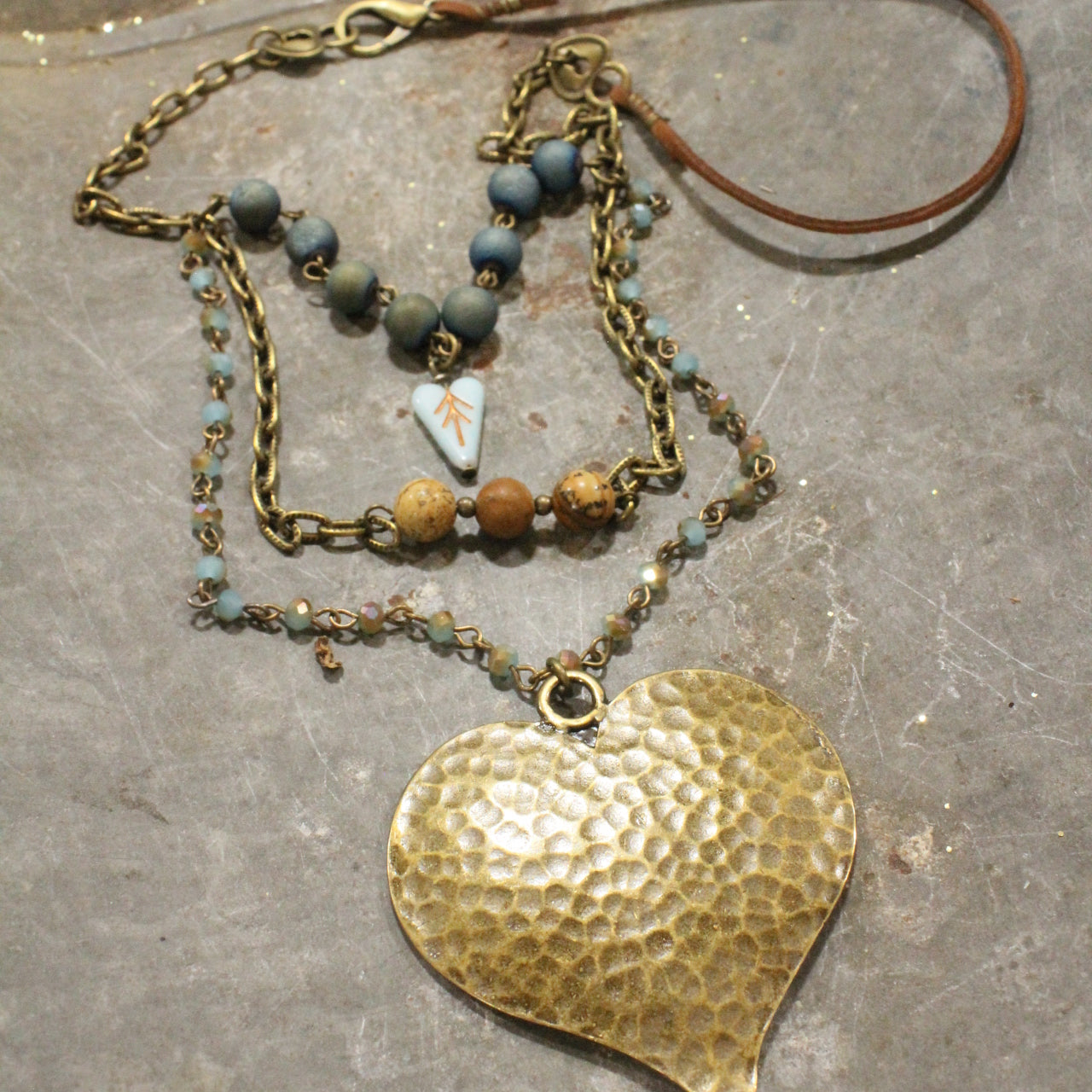 Layers Of Love Hammered Heart & Shades Of Blue Czech Necklace