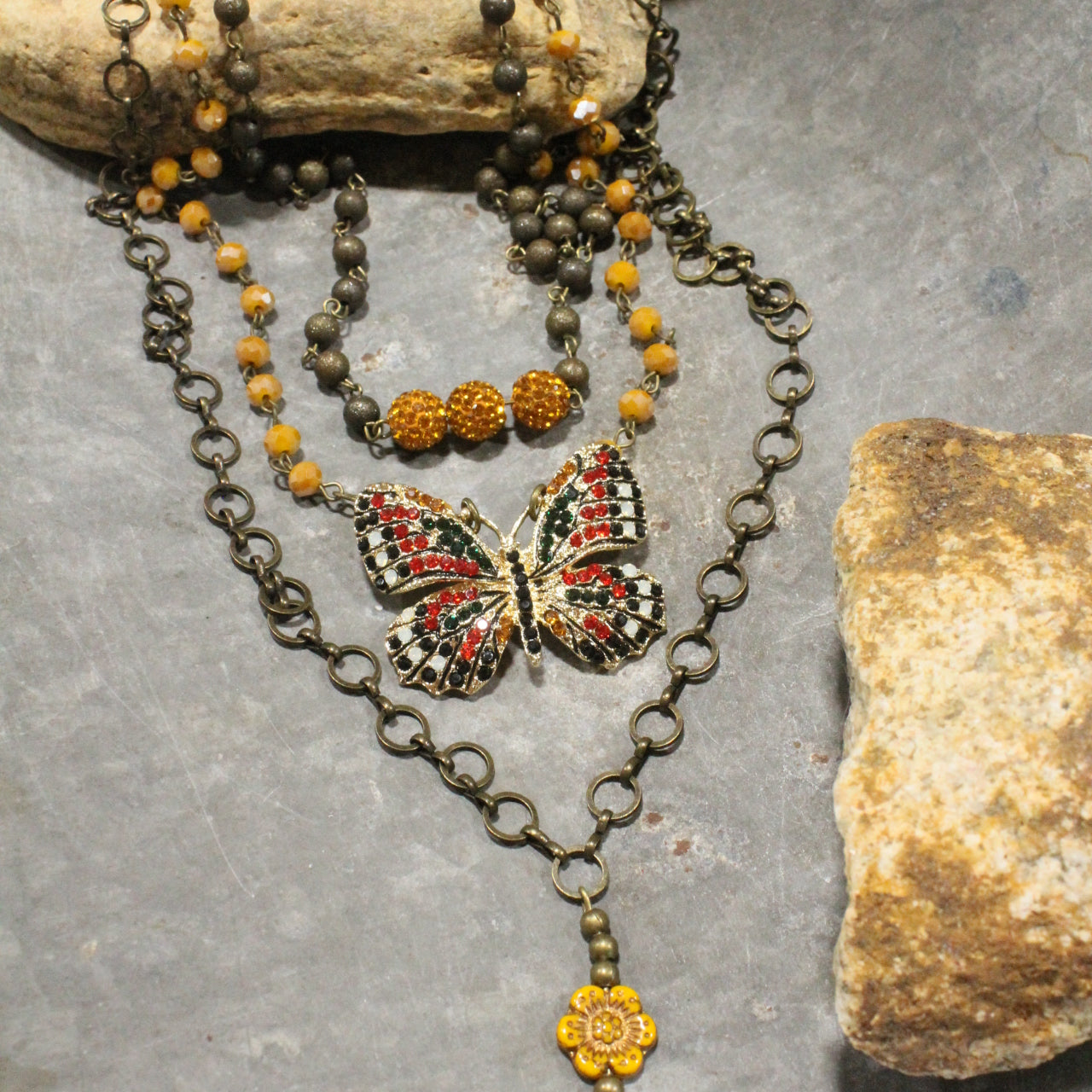 Spread Your Wings Mustard Butterfly Layered Necklace
