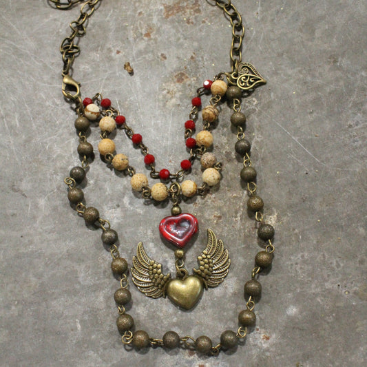 Layers Of Love Red Czech & Angel Wing Heart Necklace