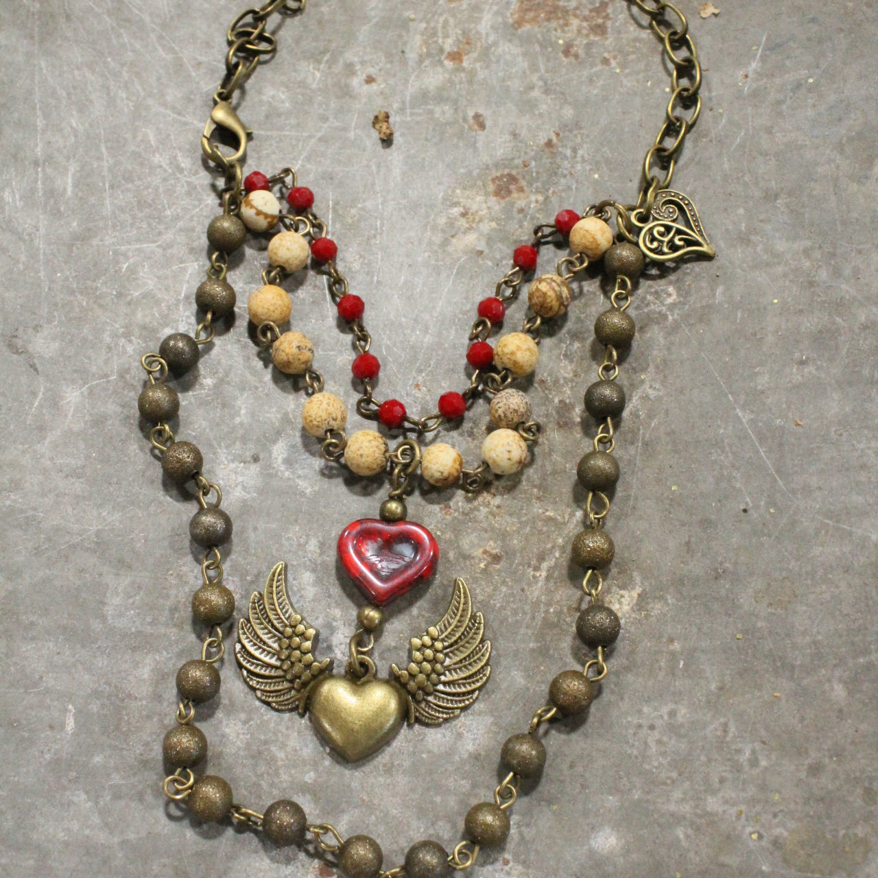 Layers Of Love Red Czech & Angel Wing Heart Necklace