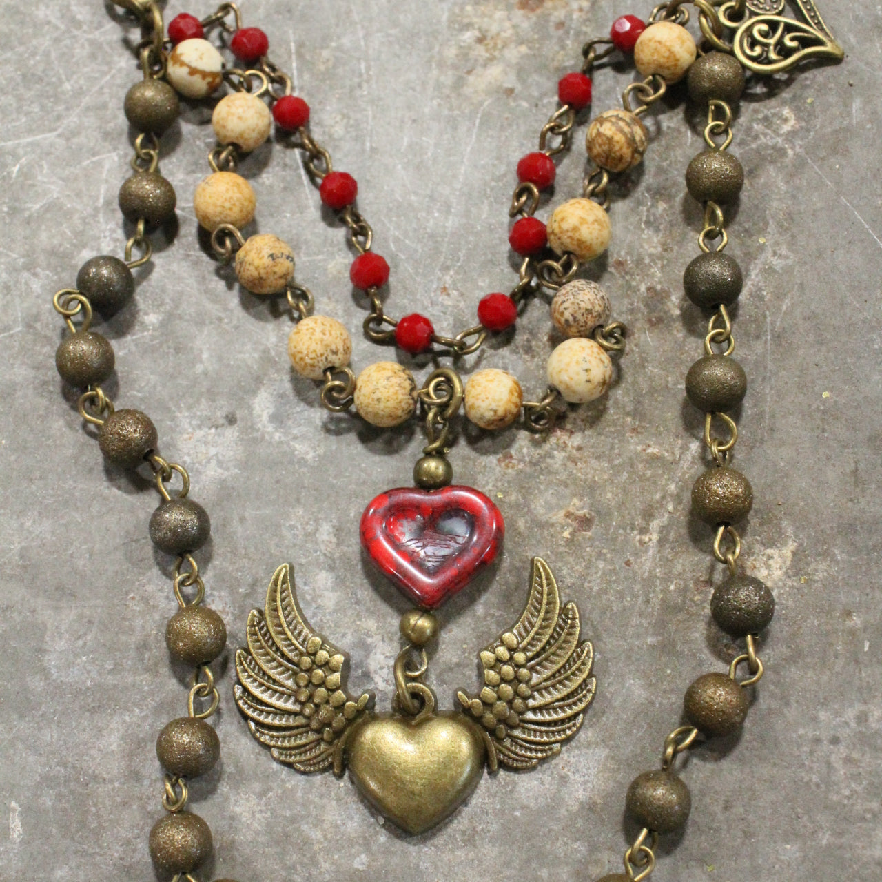 Layers Of Love Red Czech & Angel Wing Heart Necklace