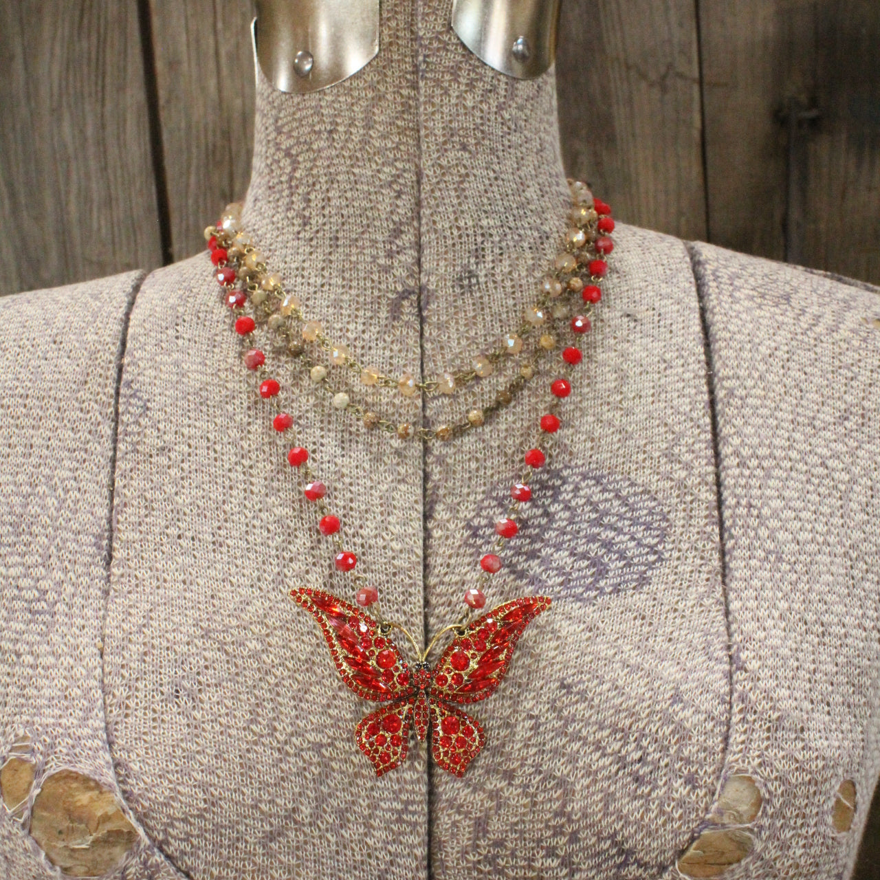 Just Dance Red Butterfly Layered Necklace