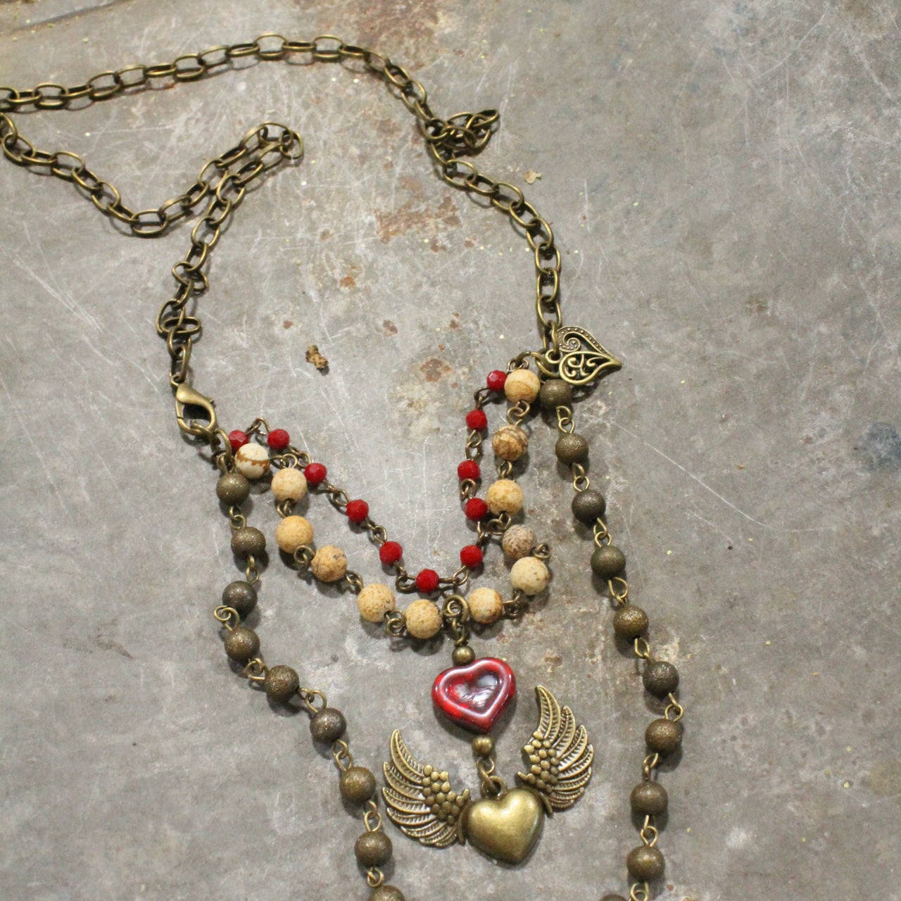 Layers Of Love Red Czech & Angel Wing Heart Necklace