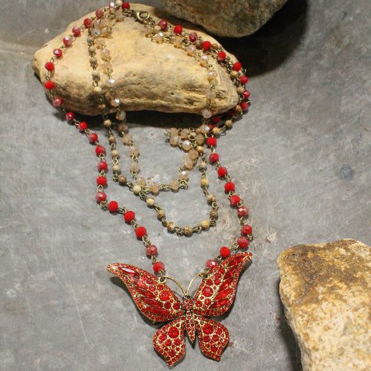 Just Dance Red Butterfly Layered Necklace