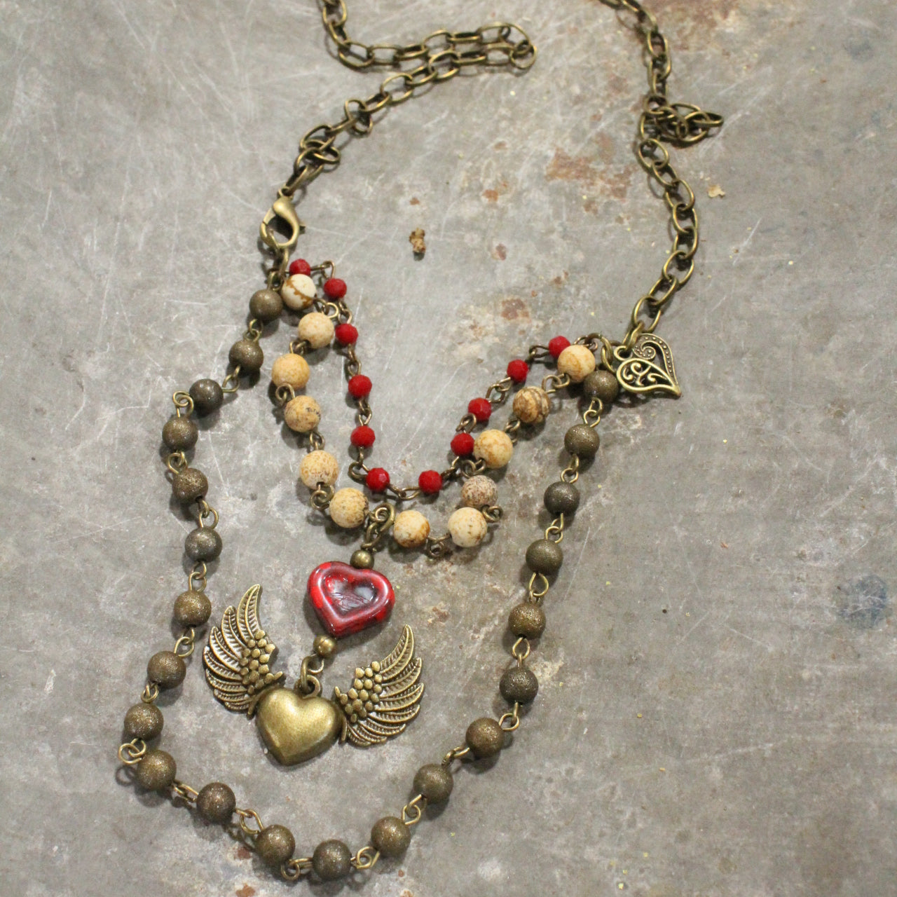 Layers Of Love Red Czech & Angel Wing Heart Necklace