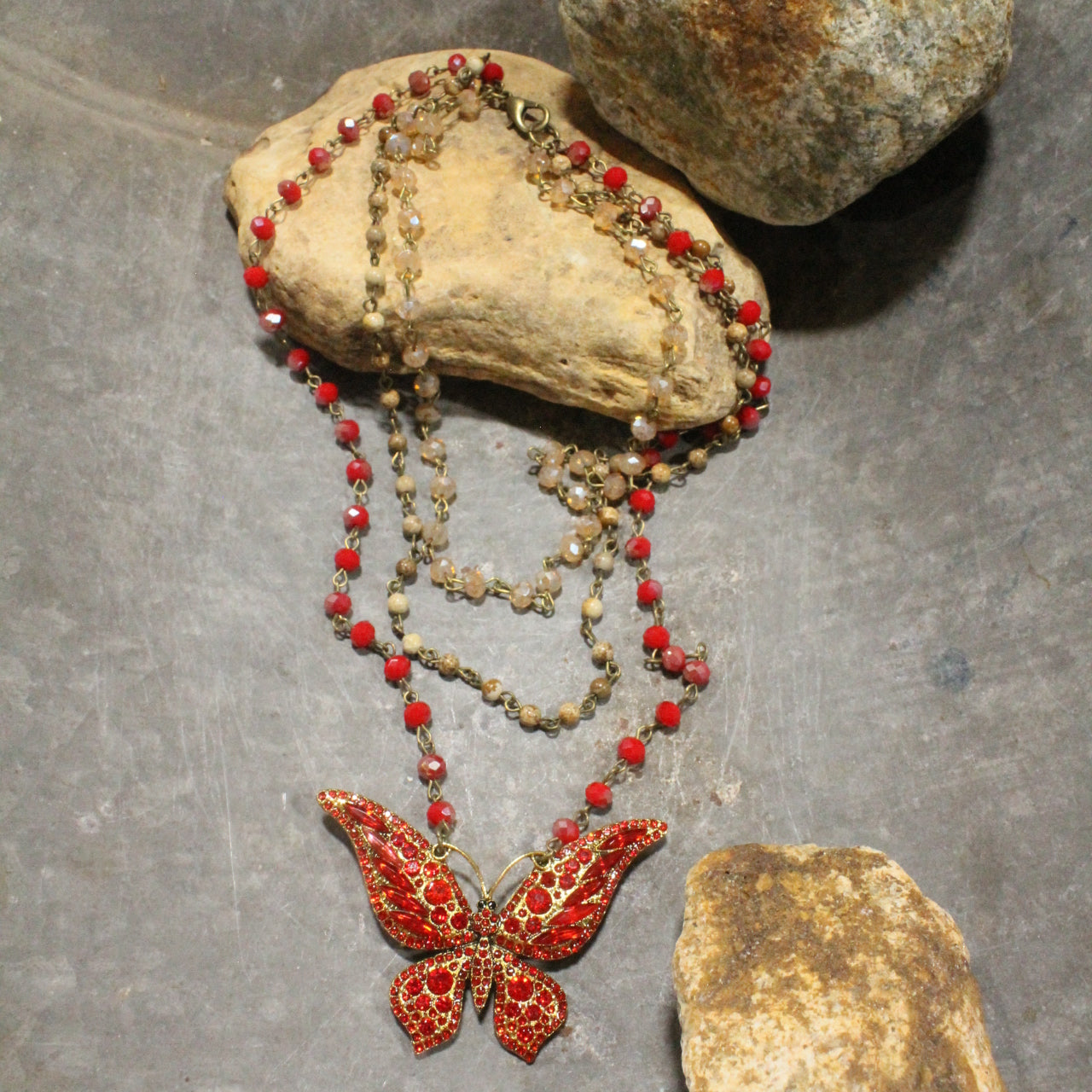 Just Dance Red Butterfly Layered Necklace