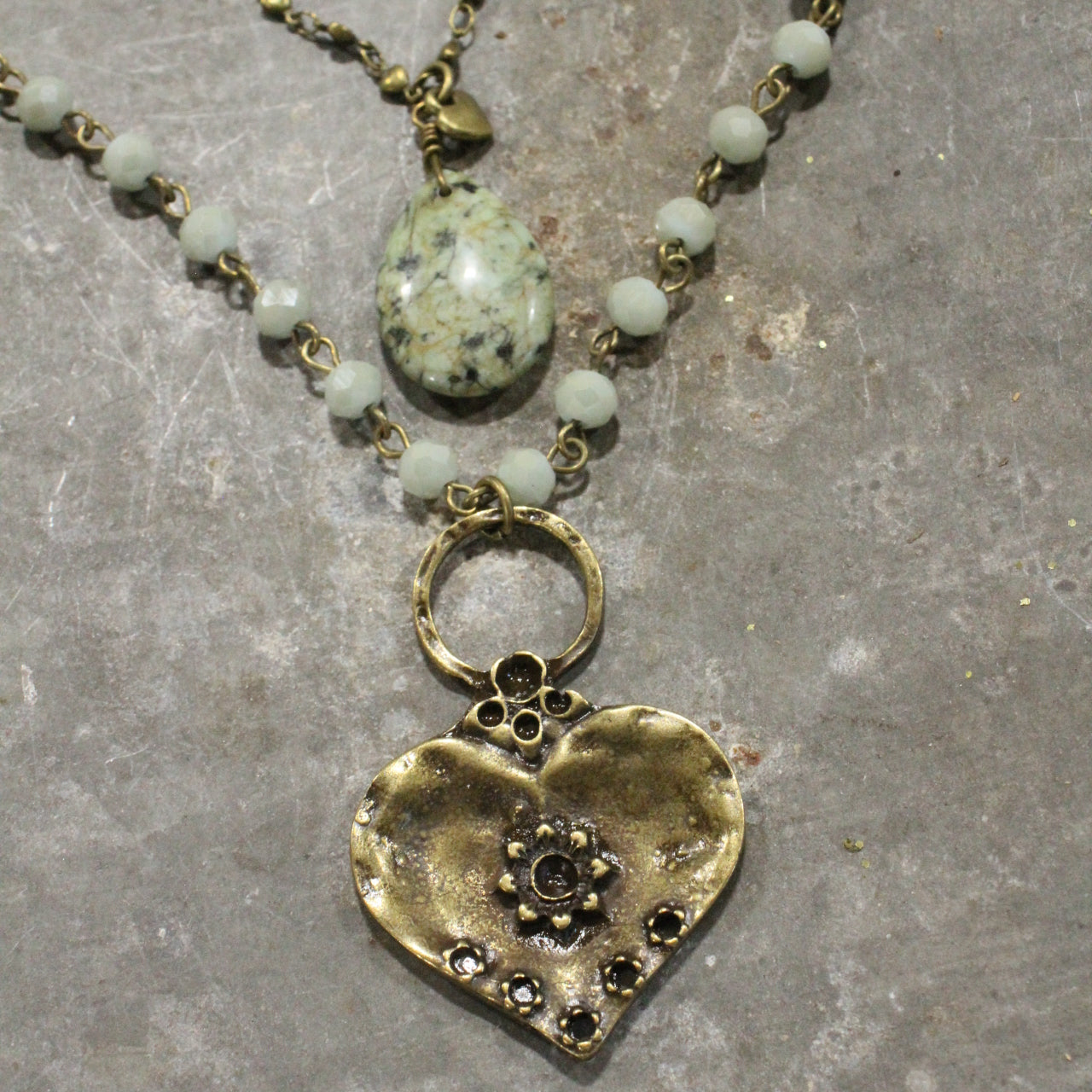 Double Layered Stone & Bronze Heart Drop Necklace