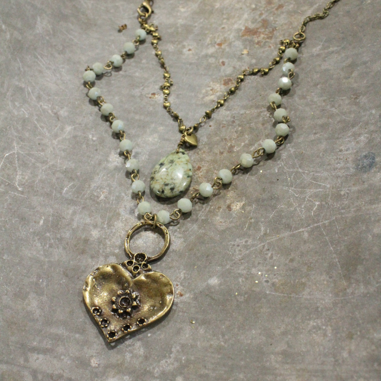 Double Layered Stone & Bronze Heart Drop Necklace