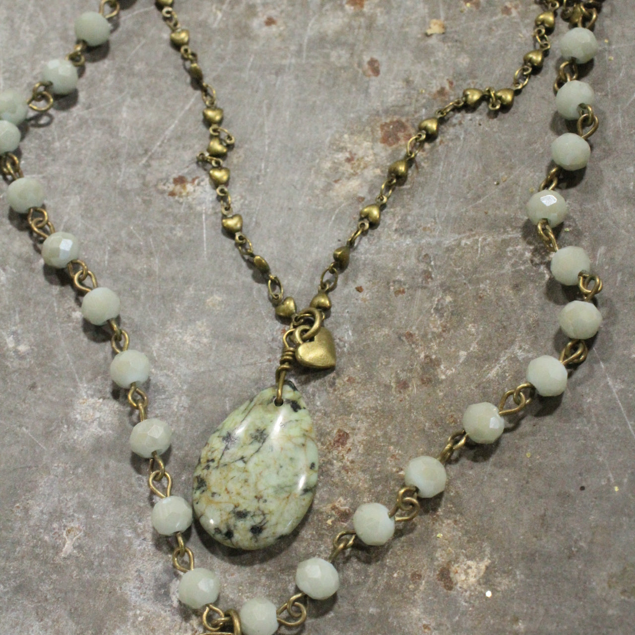 Double Layered Stone & Bronze Heart Drop Necklace