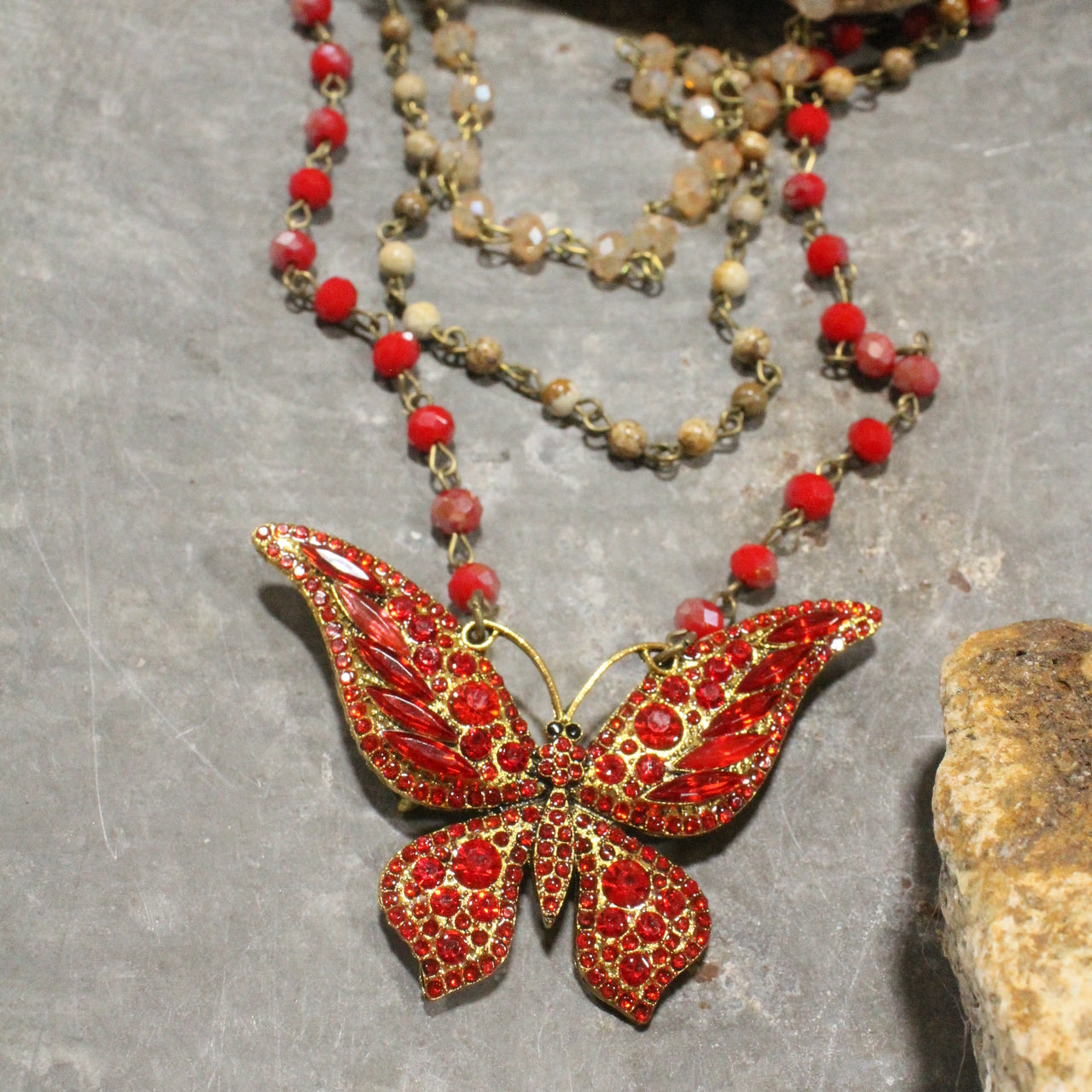 Just Dance Red Butterfly Layered Necklace