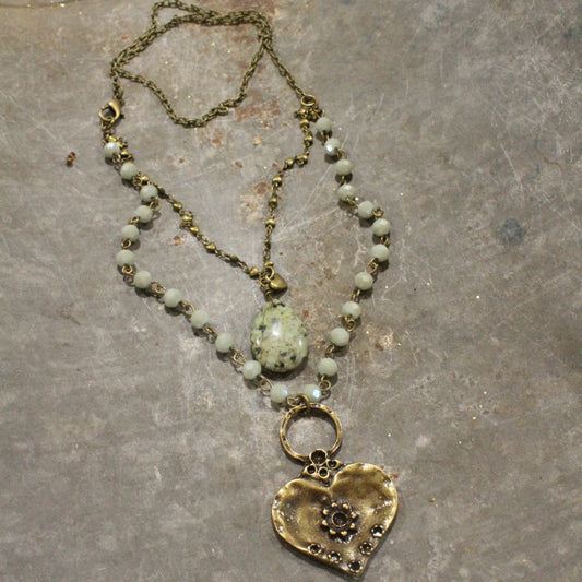 Double Layered Stone & Bronze Heart Drop Necklace