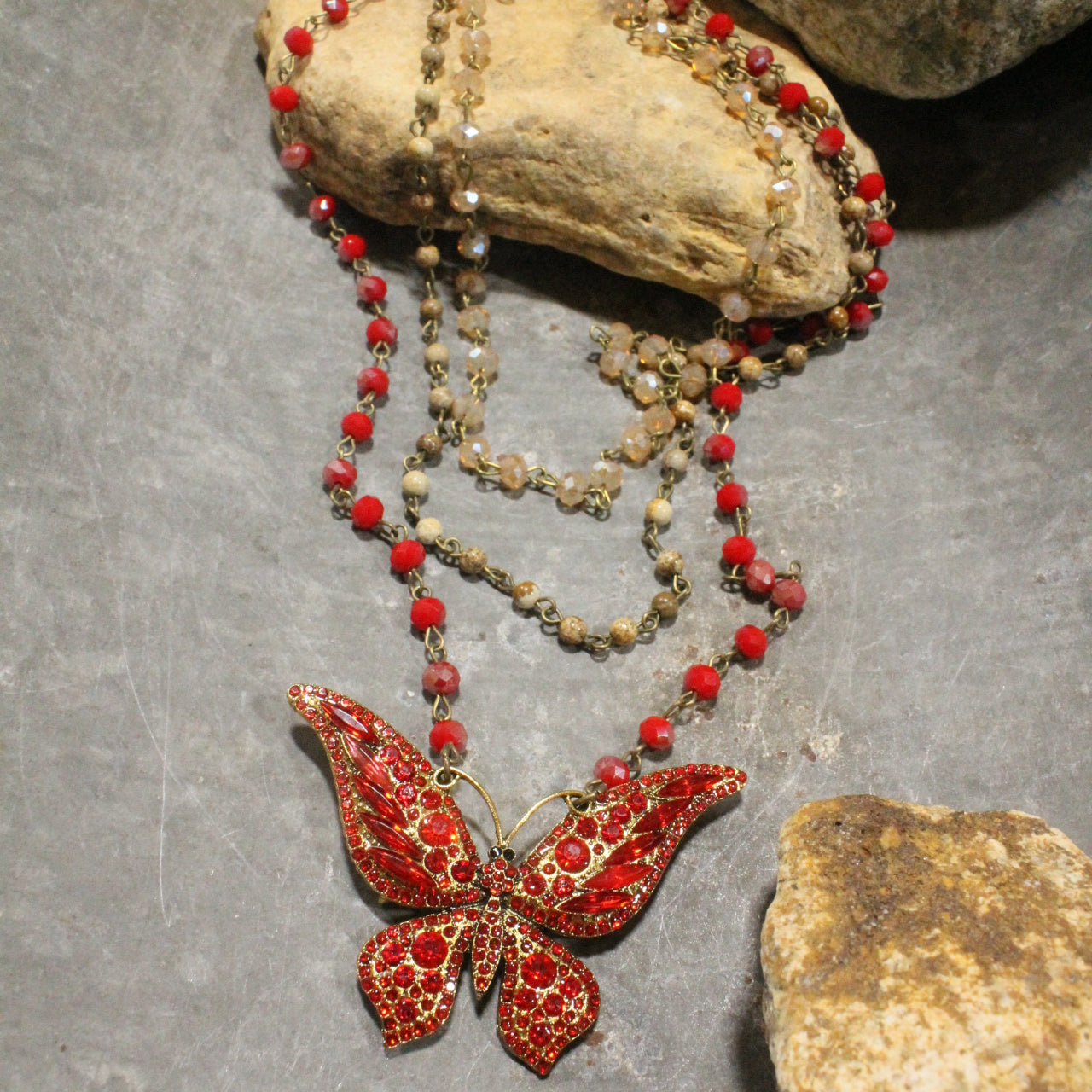 Just Dance Red Butterfly Layered Necklace