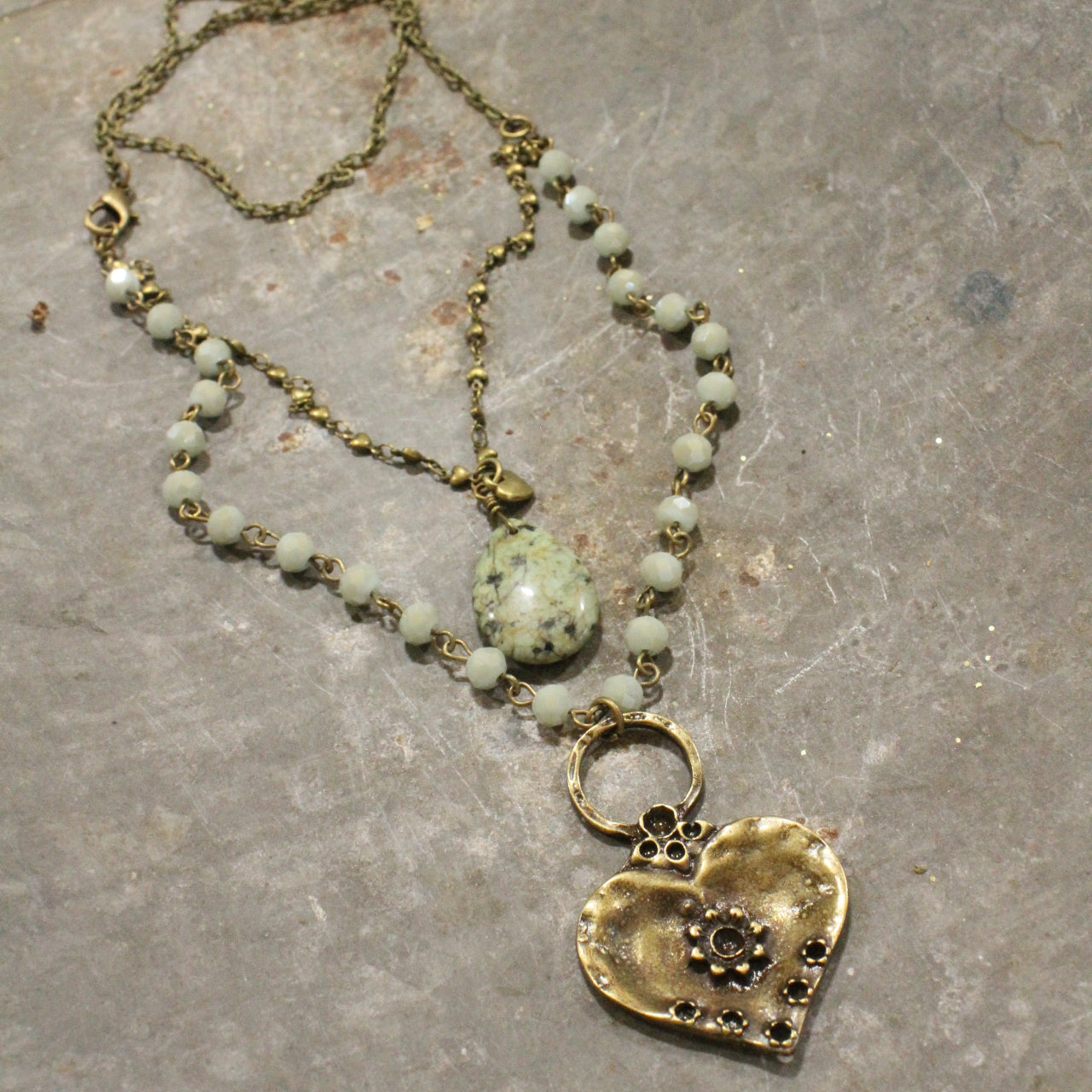 Double Layered Stone & Bronze Heart Drop Necklace