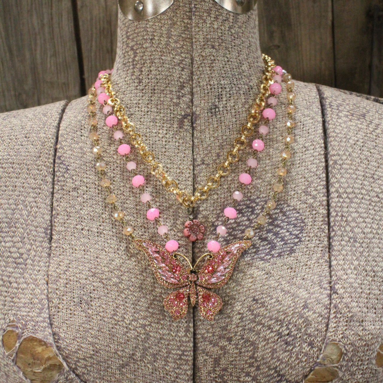 Just Dance Pink Butterfly Layered Necklace
